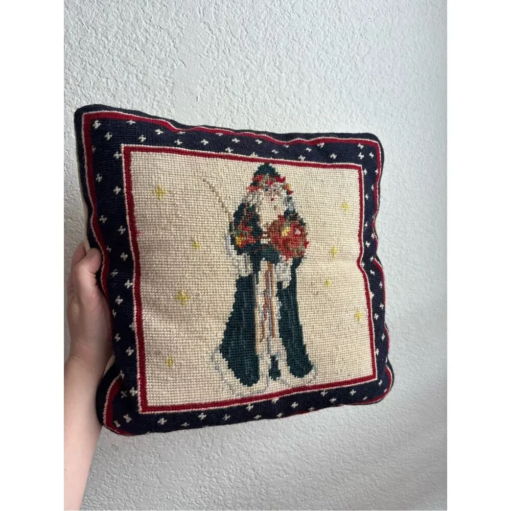 Vintage Needlepoint Santa Christmas Throw Pillows Primitive Folk Art Pair